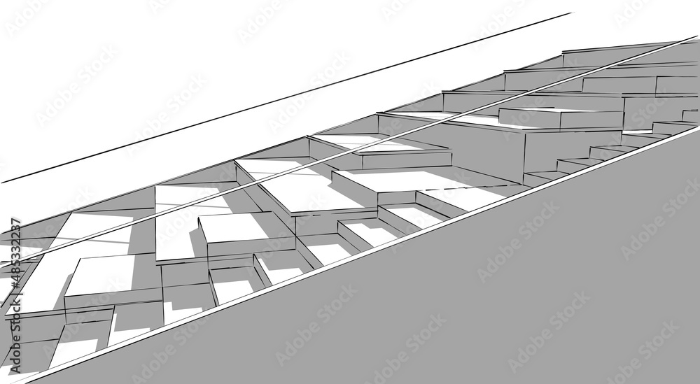 Poster abstract 3d illustration of an amphi-stair. partial close up perspective from side with outlines and