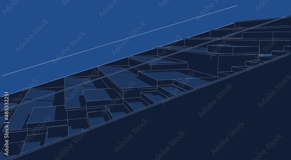 Poster abstract 3d illustration of an amphi-stair. partial close up perspective from side with outlines and