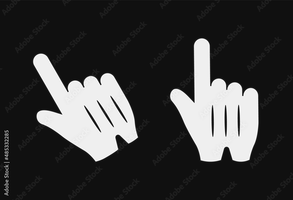 Poster hand cursors in white gloves. digital pointer for selecting online actions and turning on computer v