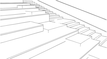 Abstract 3d illustration of an amphi-stair. Partial close up perspective from side with outlines only. Black and white image. 