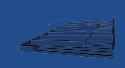 Abstract 3d illustration of an amphi-stair. Perspective from eye level. Image in blueprint style.
