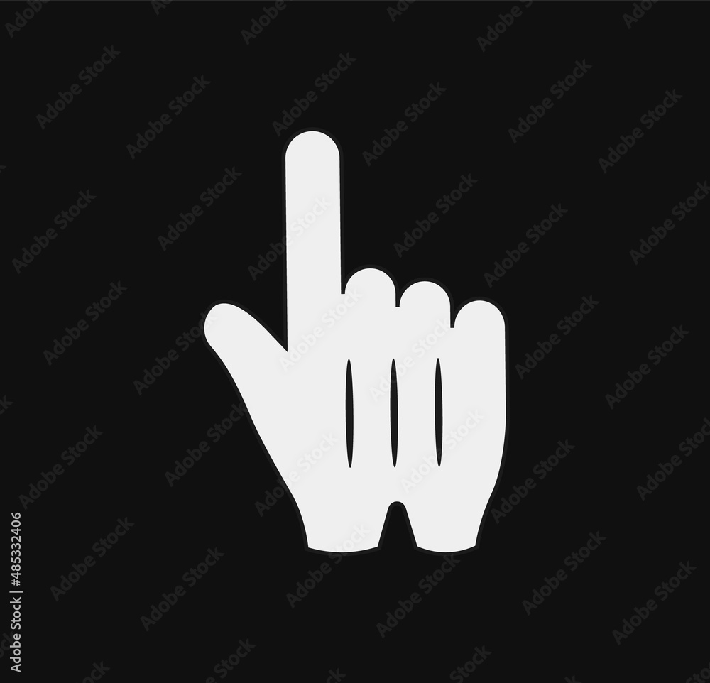 Poster white hand cursor in glove. digital pointer for selecting online actions and turning on computer vec