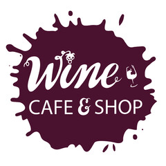 Designed logo for Wine shop, white letters on the vinous watercolor spot, digital handwritten title for postcards, banners, posters, pictures ads, packaging products, wine cards, brochures