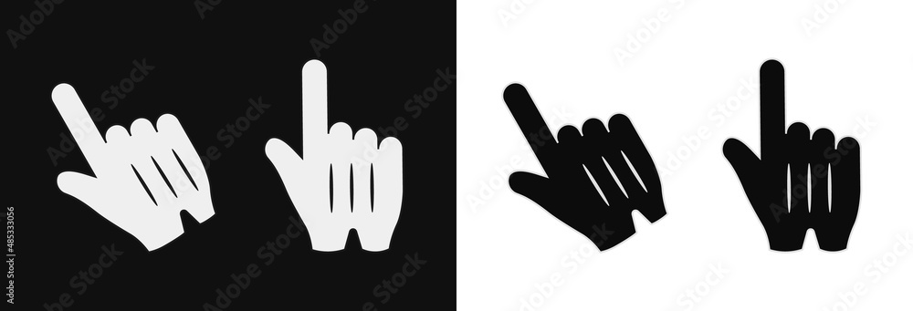 Poster hand cursors in white and black gloves. digital pointer for selecting online actions and turning on 