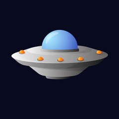 Flying alien saucer on dark background