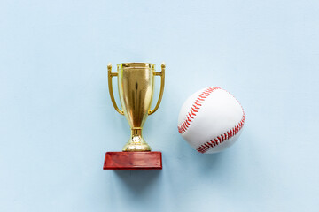 Golden trophy cup with sport game ball. Championship winner concept