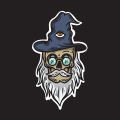 bearded skull wizard illustration with hat