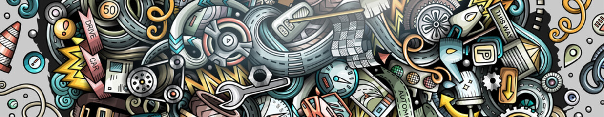 Auto hand drawn doodle banner. Cartoon detailed flyer.