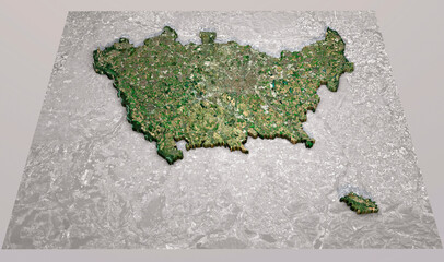 Satellite view of the Milan province, Lombardia region. Italy. 3d rendering. Physical map, plains, mountains, lakes, mountain range. Element of this image is furnished by Nasa