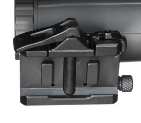 Rifle scope magnifier base and locking lever