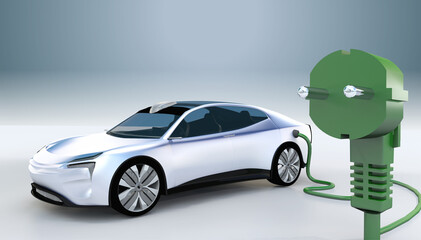 electric car with a green power plug charging 3D