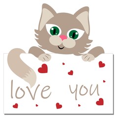 Cute kitten with green eyes and the inscription LOVE with hearts. Print with a kitten on a T-shirt.
