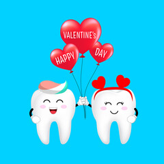 Cute cartoon tooth character with heart balloon. Bright smile for Valentine's concept. Illustration.