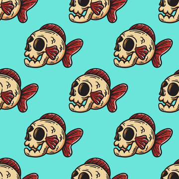 cute seamless pattern of fish skull