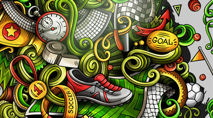 Fototapeta premium Soccer hand drawn doodle banner. Cartoon detailed illustrations.