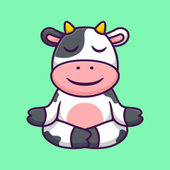 Naklejka premium Cute Cow in Yoga Pose Cartoon Vector Icon Illustration. Animal Character Mascot Flat Concept.