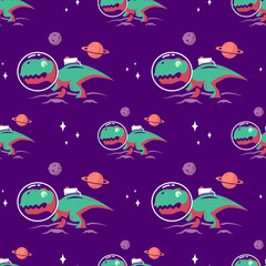 GREEN DINOSAUR IS WEARING ASTRONAUT HELMET IN SPACE FLAT SEAMLESS PATTERN. PREMIUM VECTOR.