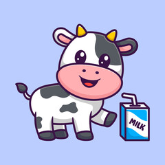 Cute Cow with a Milk Cartoon Vector Icon Illustration. Animal Character Mascot Flat Concept.