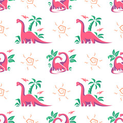CUTE RED DINOSAUR WITH HER CHILD FLAT SEAMLESS PATTERN. PREMIUM VECTOR.