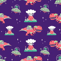DINOSAURS WITH ADVANCED WEAPON CARTOON SEAMLESS PATTERN. PREMIUM VECTOR.
