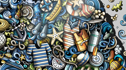 Marine hand drawn doodle banner. Cartoon vector detailed flyer.