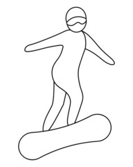 Snowboard sport. Sketch. The athlete descends from the snow-covered slopes and mountains on a special projectile - a snowboard. The athlete moves sideways on the board. Vector icon. Coloring book 