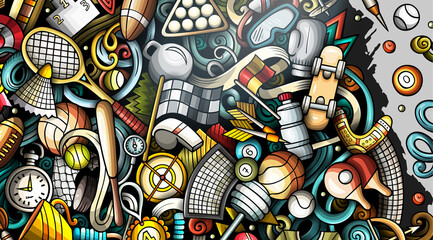 Obraz premium Sports hand drawn doodle banner. Cartoon detailed flyer.