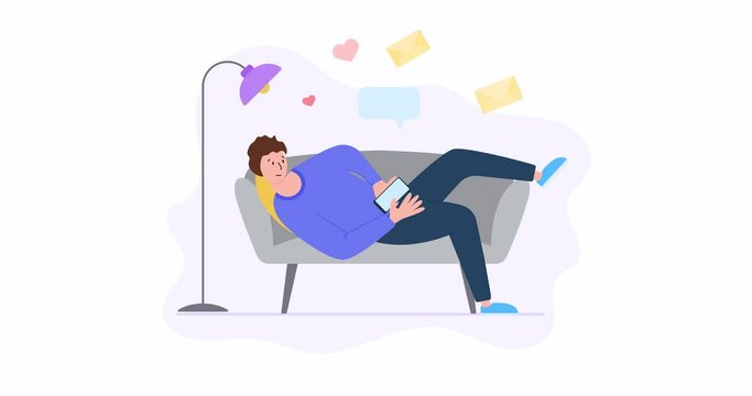 Animation Character The man is lying on the couch with a mobile phone. 4k video for design. 