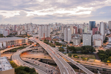Naklejka na ściany i meble Viaducts in downtown Sao Paulo connecting the east-west region, sunset
