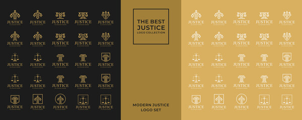 Simple elegant law firm logo collection , justice logo set , black and gold background