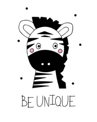  Graphic black and white poster with a cute zebra. Motivational inscription be unique. Print for children's clothing and greeting card © Ольга Дубровина