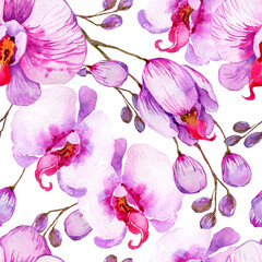 Watercolor floral seamless pattern. Hand drawn orchid blossom, blooming, tropical botanical background. Repeatable wrapping paper, stationery, wallpaper, scrapbooking, fabric, paper, textile