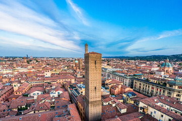 Aerial view of Bologna Cathedral and towers above of the roofs of Old Town in medieval city Bologna © streetflash