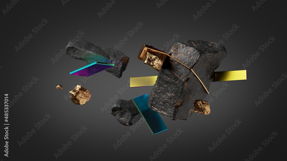 Poster 3d render, black background with abstract cobble stone rocks and colored metallic blocks tied with g
