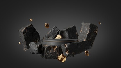 3d render, abstract background with black rock cobblestone ruins and golden nuggets levitating. Modern minimal showcase with empty podium for product presentation