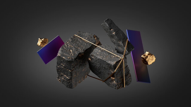 3d render, abstract background with black rocks cobblestone ruins and iridescent metallic geometric panels tied with golden wire. Modern minimal wallpaper with levitating objects