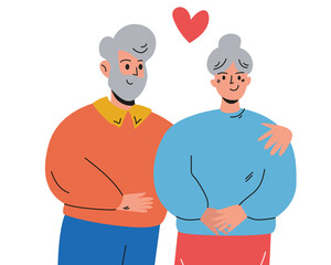 An elderly couple nearby. Portrait of an elderly married couple. A man hugs his wife. Vector illustration