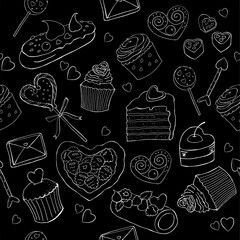 Seamless pattern with pastry scetch. St. Valentine's Day print on black background. Outline vector Valentine's Day design for textile, wrapping paper, wallpaper.
