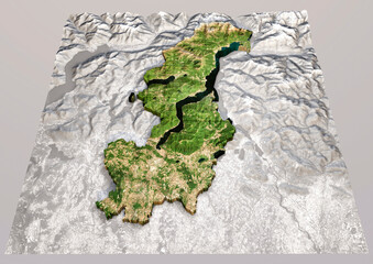 Satellite view of the Como province, Lombardia region. Italy. 3d rendering. Physical map, plains, mountains, lakes, mountain range. Element of this image is furnished by Nasa