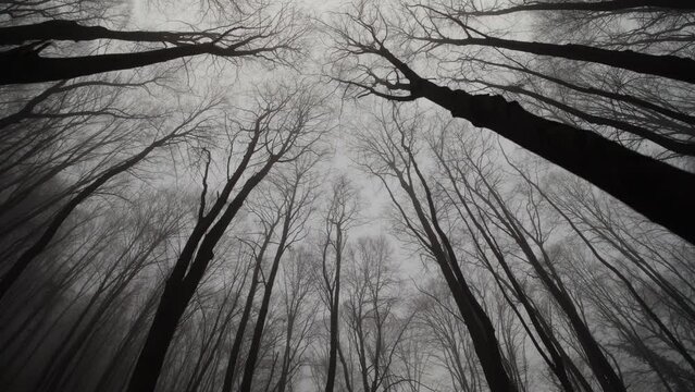 Looking up into forest with spooky branches in foggy day