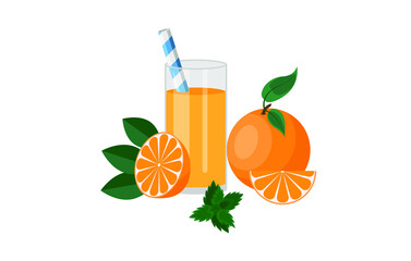 Fresh orange juice in a glass. Juice with fresh fruits on white background - obrazy, fototapety, plakaty