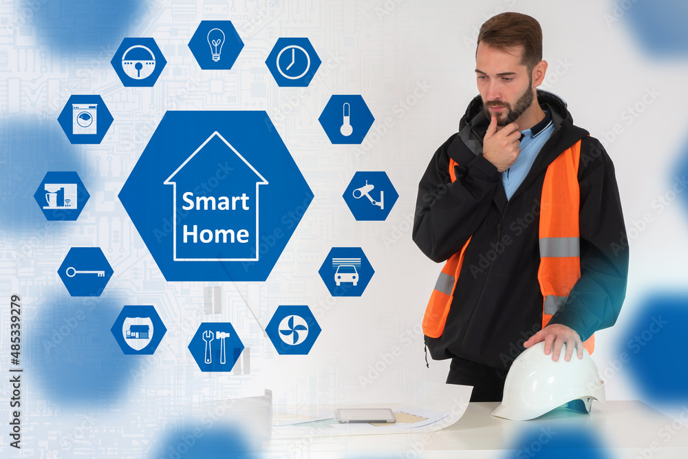 Poster an engineer is developing a project to connect to the smart home system. smart home technology. inno