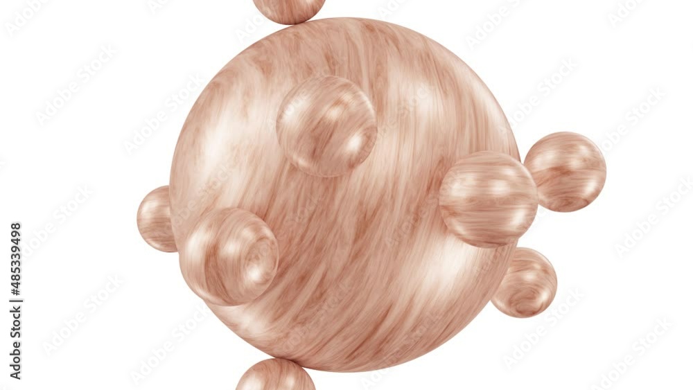Poster realistic looping satisfying 3d animation of the wooden sphere with orbital rolling small wooden sph