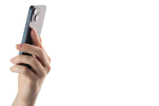 apple 13 smartphone mobile in hand isolated on white background with cameras back side, Russia, Moscow, February 4, 2022