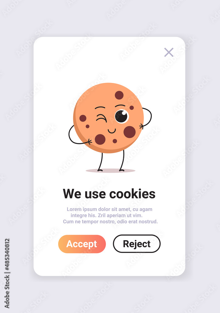 Aufkleber protection of personal information cookie mascot character with internet web pop up we use cookies p