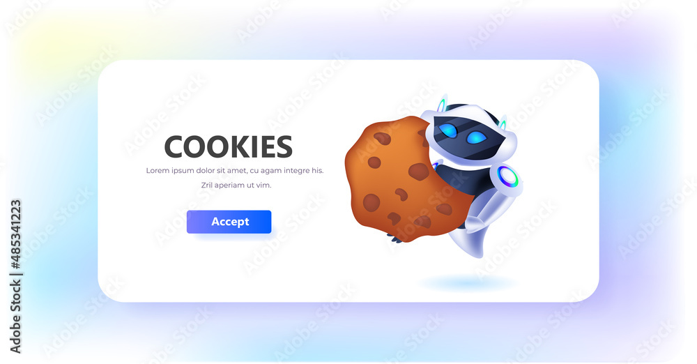 Poster robot holding cookie protection of personal information internet web pop up we use cookies policy no