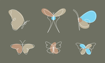 Collection of pictures of butterflies with a line art design concept. Perfect for Social Media Templates, Wall Art, Posters. Vector Illustration