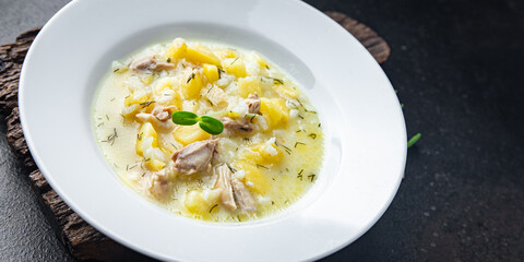 chicken soup vegetables broth and rice fresh portion dietary healthy meal food diet still life snack on the table copy space food background rustic top view keto or paleo diet