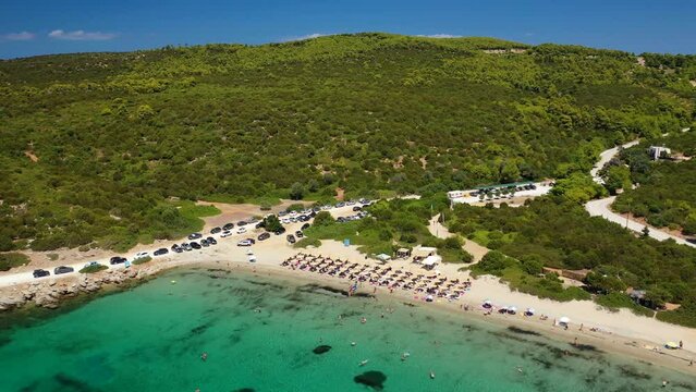 Aerial drone video of famous sandy beach of Kyra Panagia in island of Skiros, Sporades, Greece