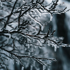 Tree branch with ice formations in winter. West Iceland.